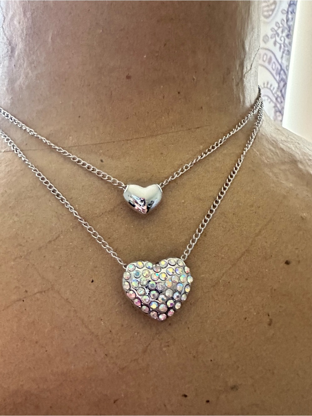 Double-Layer Heart Necklace with Iridescent Crystal Pendant - Silver